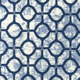 Detail of fabric in a rounded lattice print in navy on a mottled blue field.
