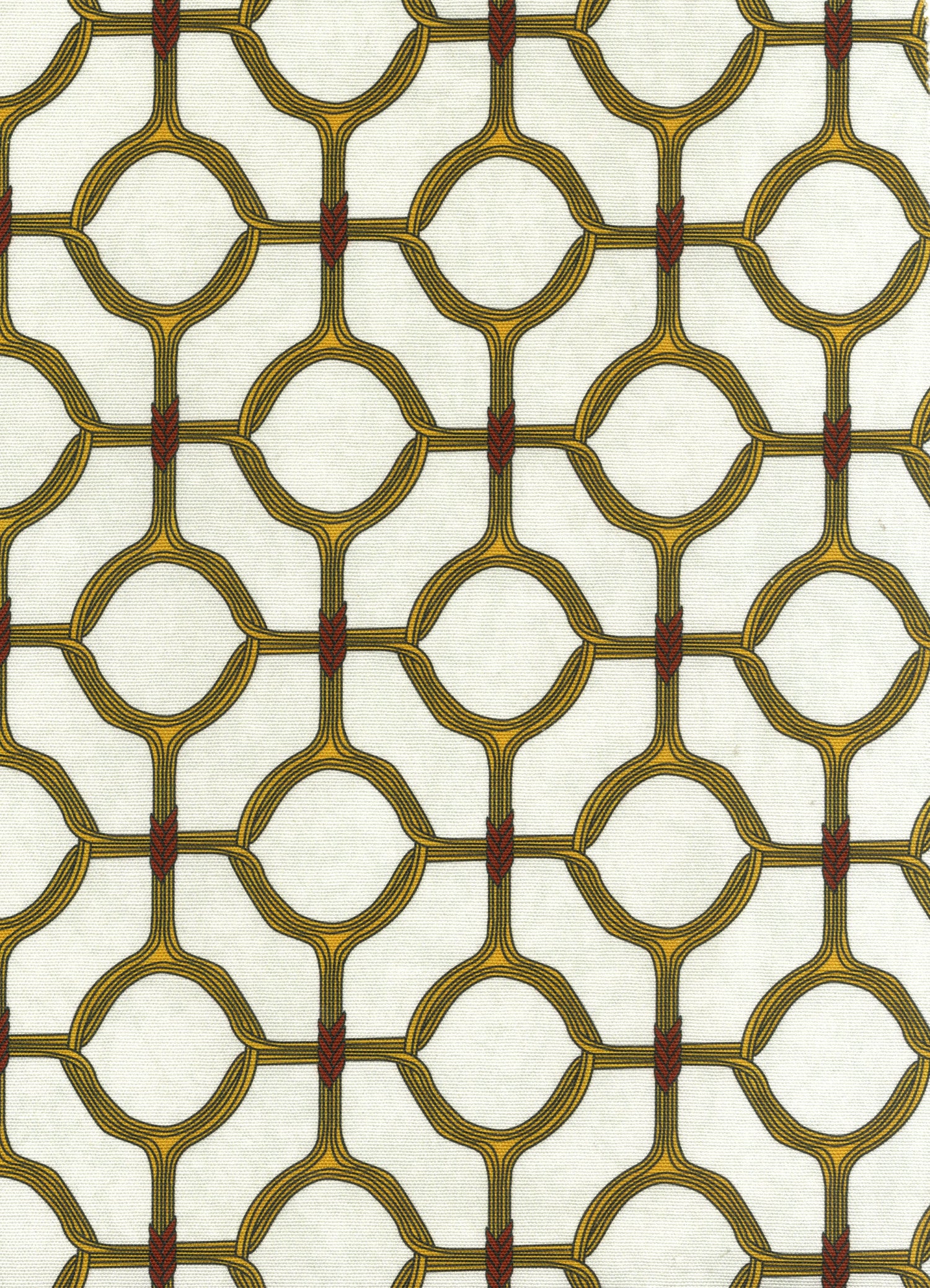 Detail of fabric in a rounded lattice print in yellow and red on a mottled cream field.