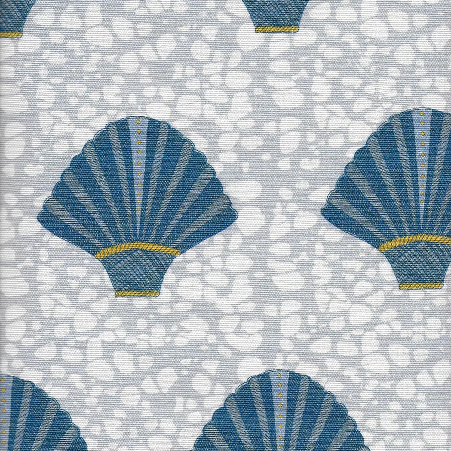 Detail of fabric in a playful fan print in blue and mustard on a mottled blue field.