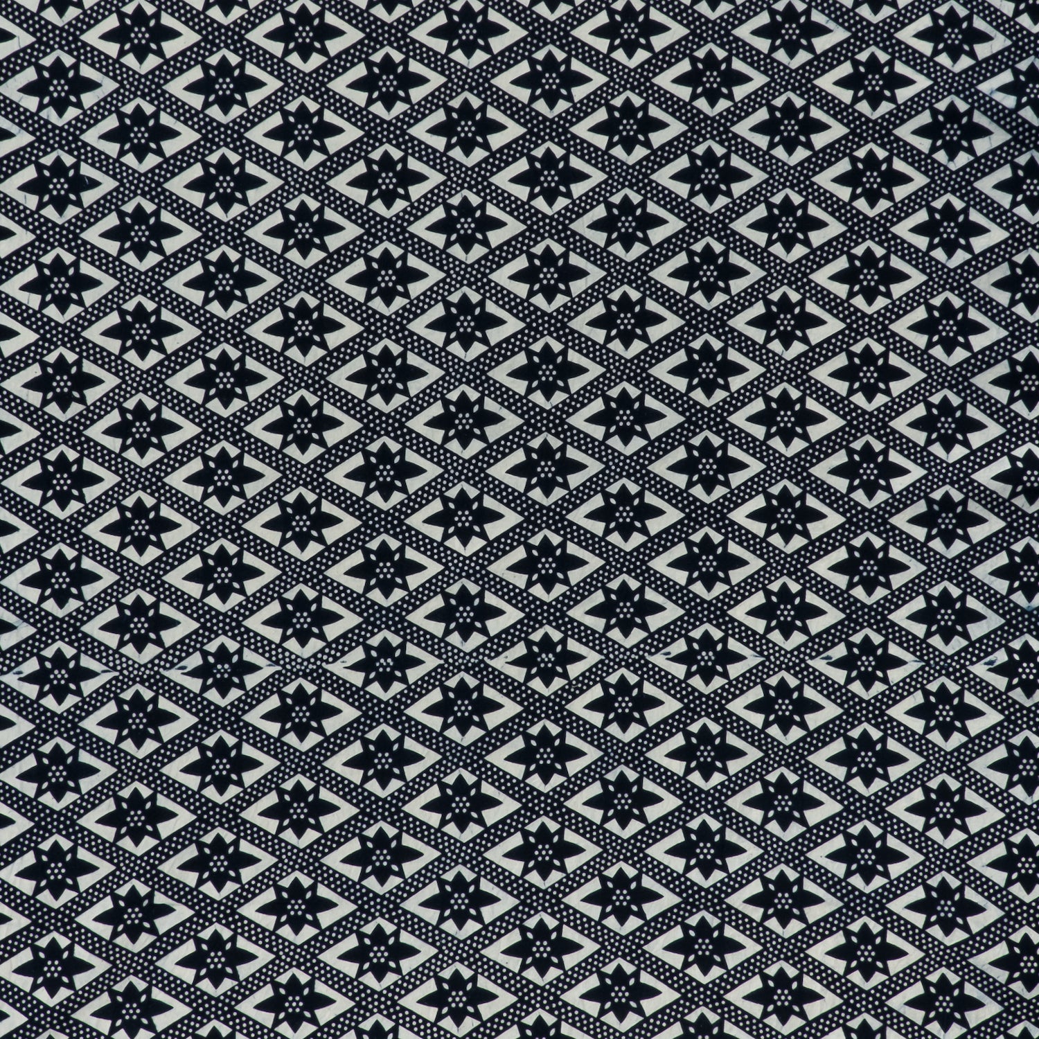 printed cotton fabric in a gridded star pattern in indigo on a white field.