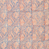Detail of fabric in a paisley block print in red and cream on a navy field.