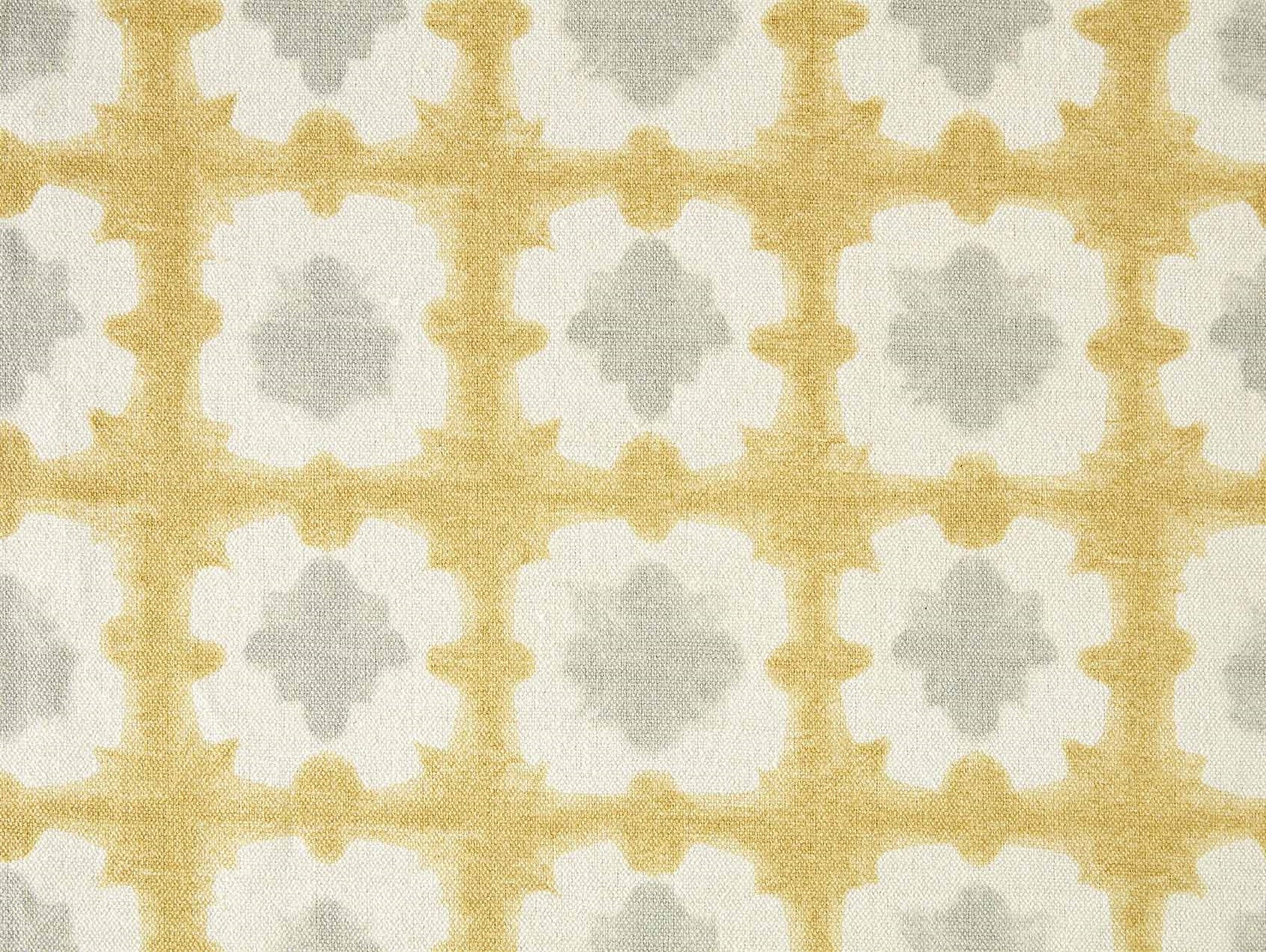 Detail of fabric in a dyed grid print in yellow and gray on a cream field.