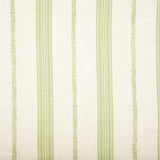 Detail of fabric in a small-scale botanical stripe print in green on a cream field.