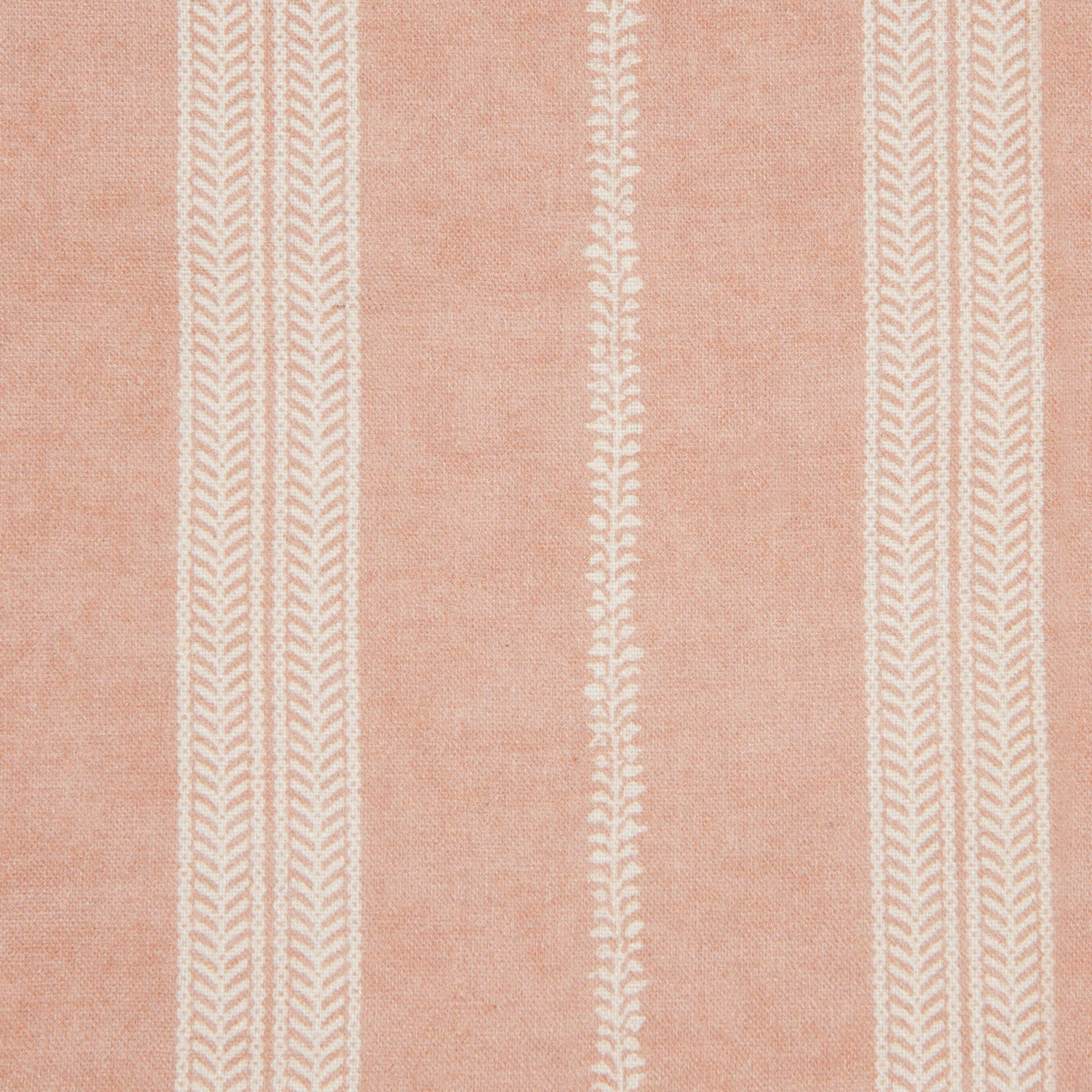 Detail of fabric in a small-scale botanical stripe print in white on a light pink field.