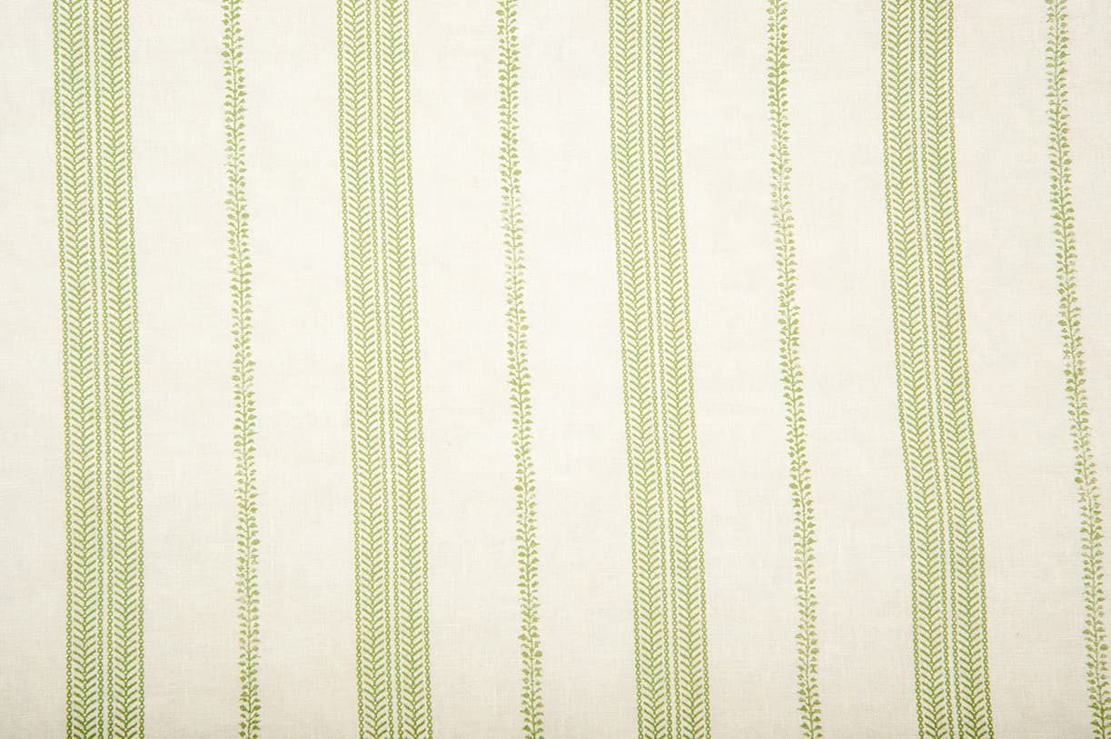 Detail of wallpaper in a small-scale botanical stripe print in light green on a white field.