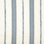 Detail of wallpaper in a small-scale botanical stripe print in navy on a cream field.