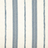 Detail of wallpaper in a small-scale botanical stripe print in navy on a cream field.