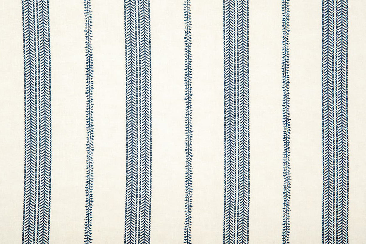 Detail of wallpaper in a small-scale botanical stripe print in navy on a cream field.