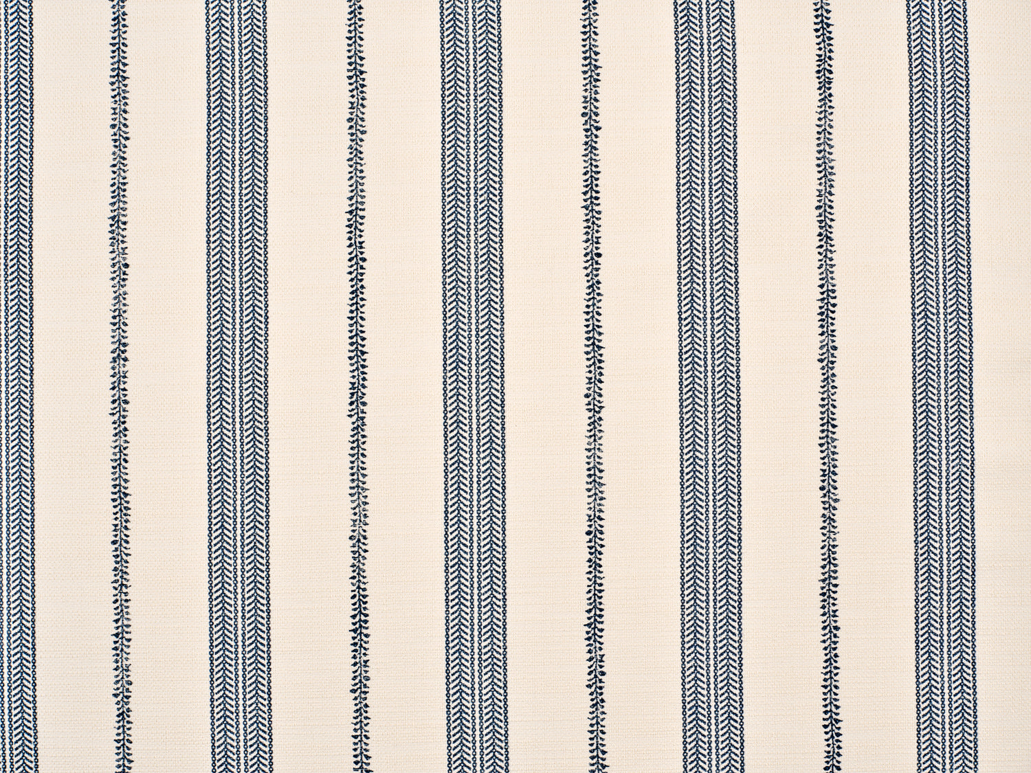 Detail of fabric in a small-scale botanical stripe print in navy on a cream field.