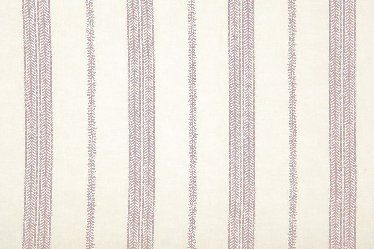 Detail of wallpaper in a small-scale botanical stripe print in purple on a cream field.