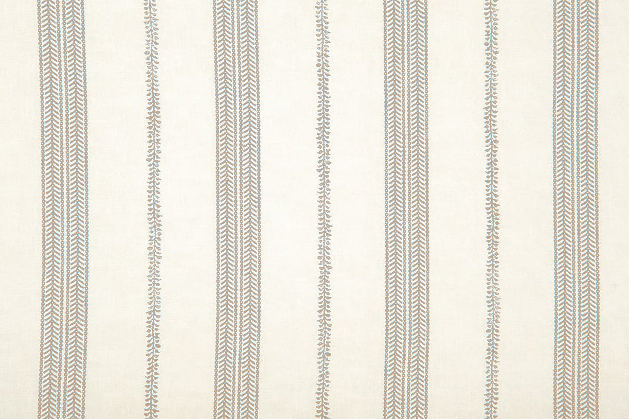 Detail of wallpaper in a small-scale botanical stripe print in gray on a cream field.