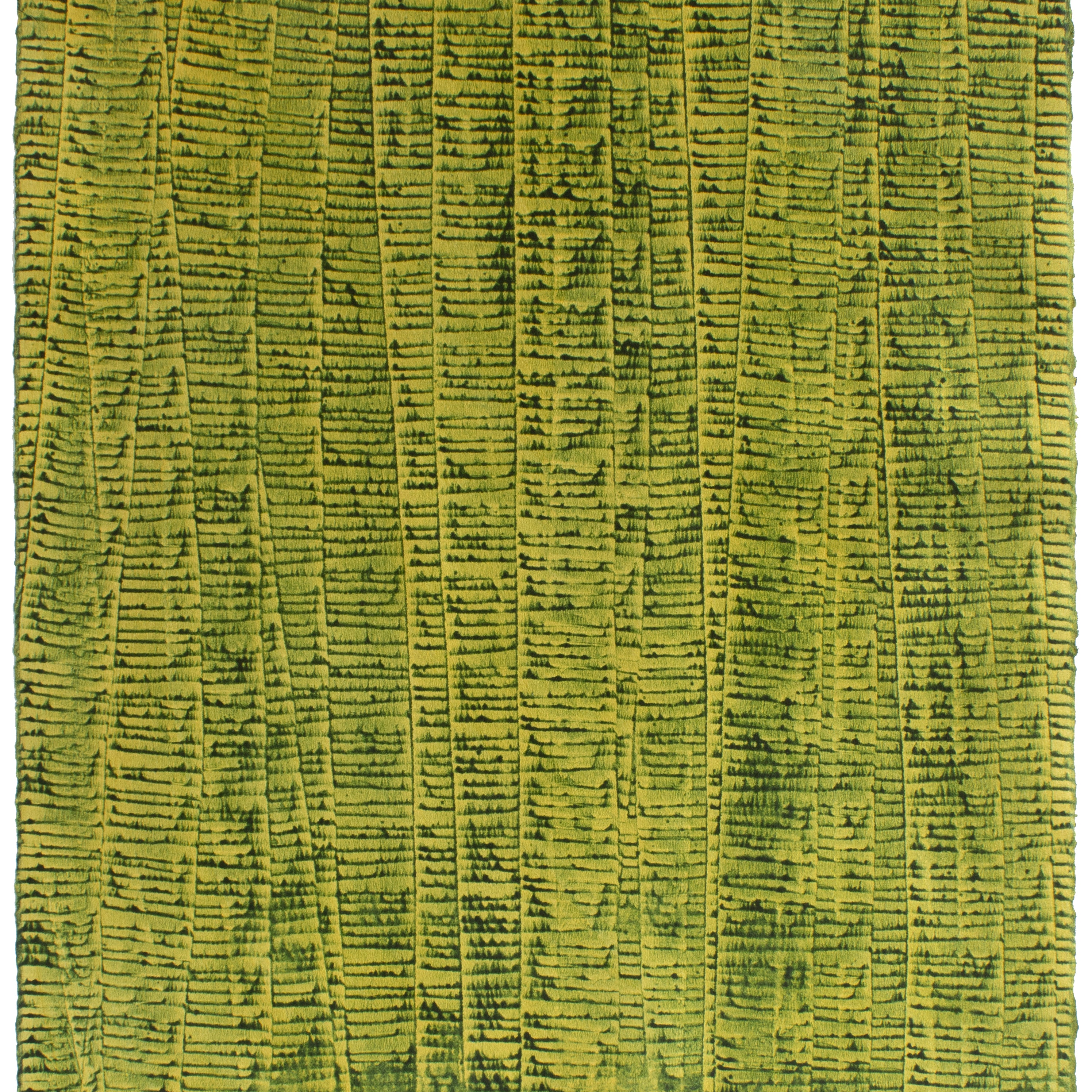 Sheet of hand-painted wallpaper with an undulating ribbon pattern in green on a gold field.