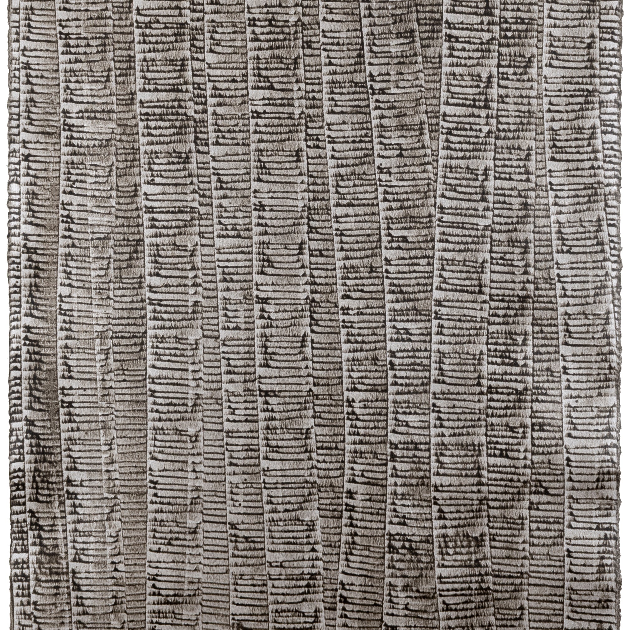 Sheet of hand-painted wallpaper with an undulating ribbon pattern in charcoal on a silver field.