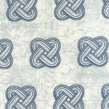 Detail of fabric in a repeating knot print in gray and navy on a light gray field.