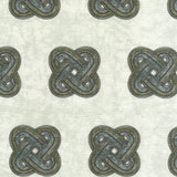 Detail of fabric in a repeating knot print in gray and yellow on a gray field.