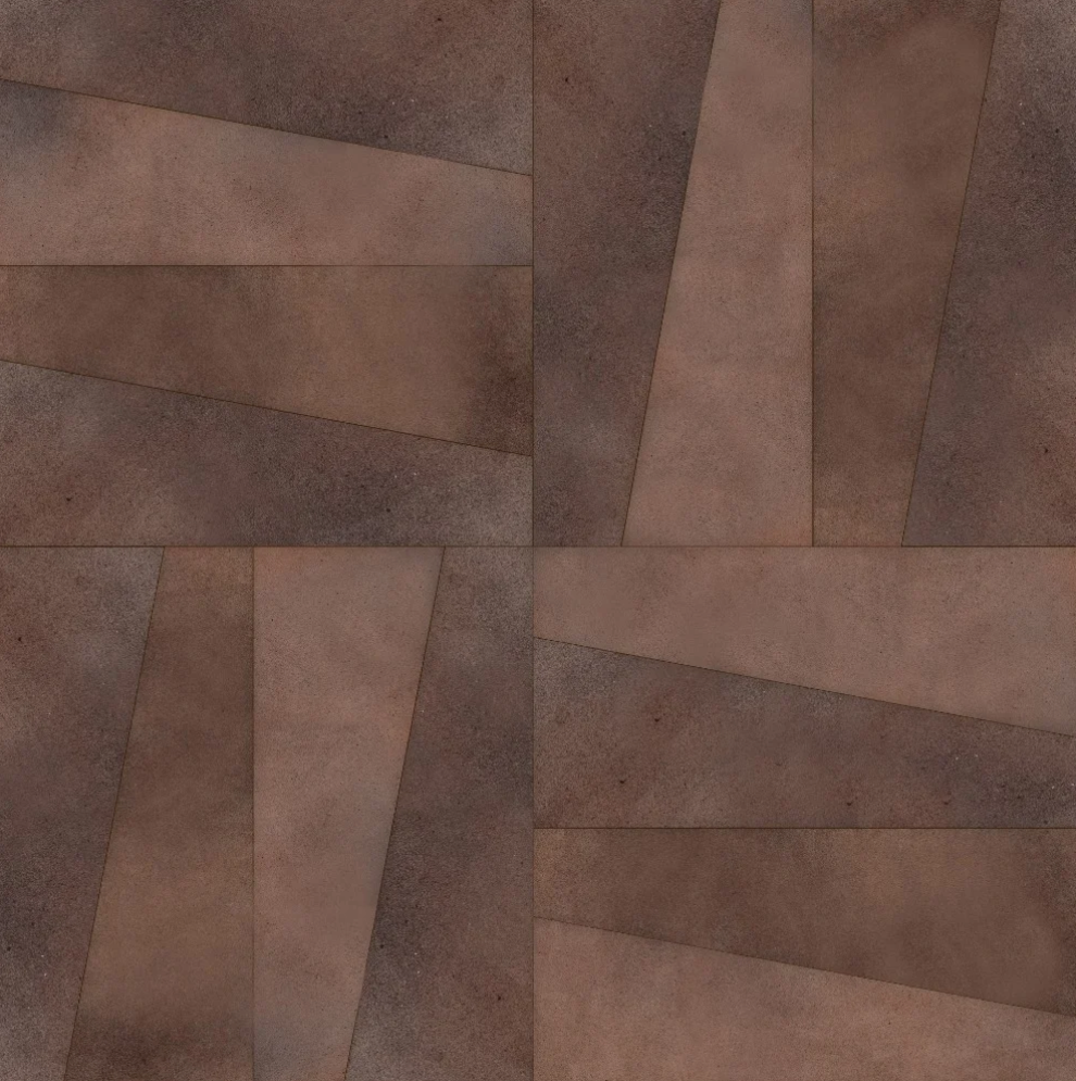 Detail of leather wall tiles in a repeating geometric pattern in shades of brown.