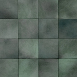 Detail of leather wall tiles in a square pattern in mottled gray and turquoise.