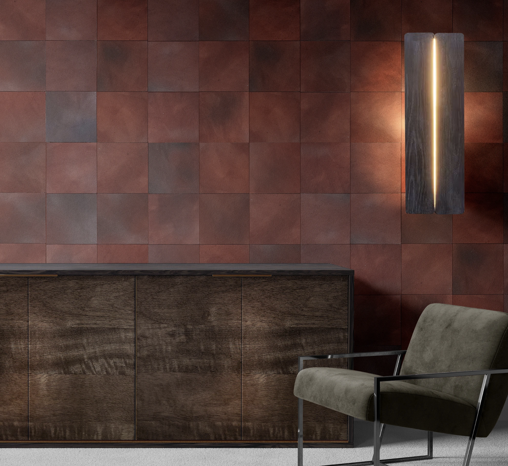 A modernist living tableau with gray furniture and a wall papered in square leather tiles in mottled oxblood and gray.