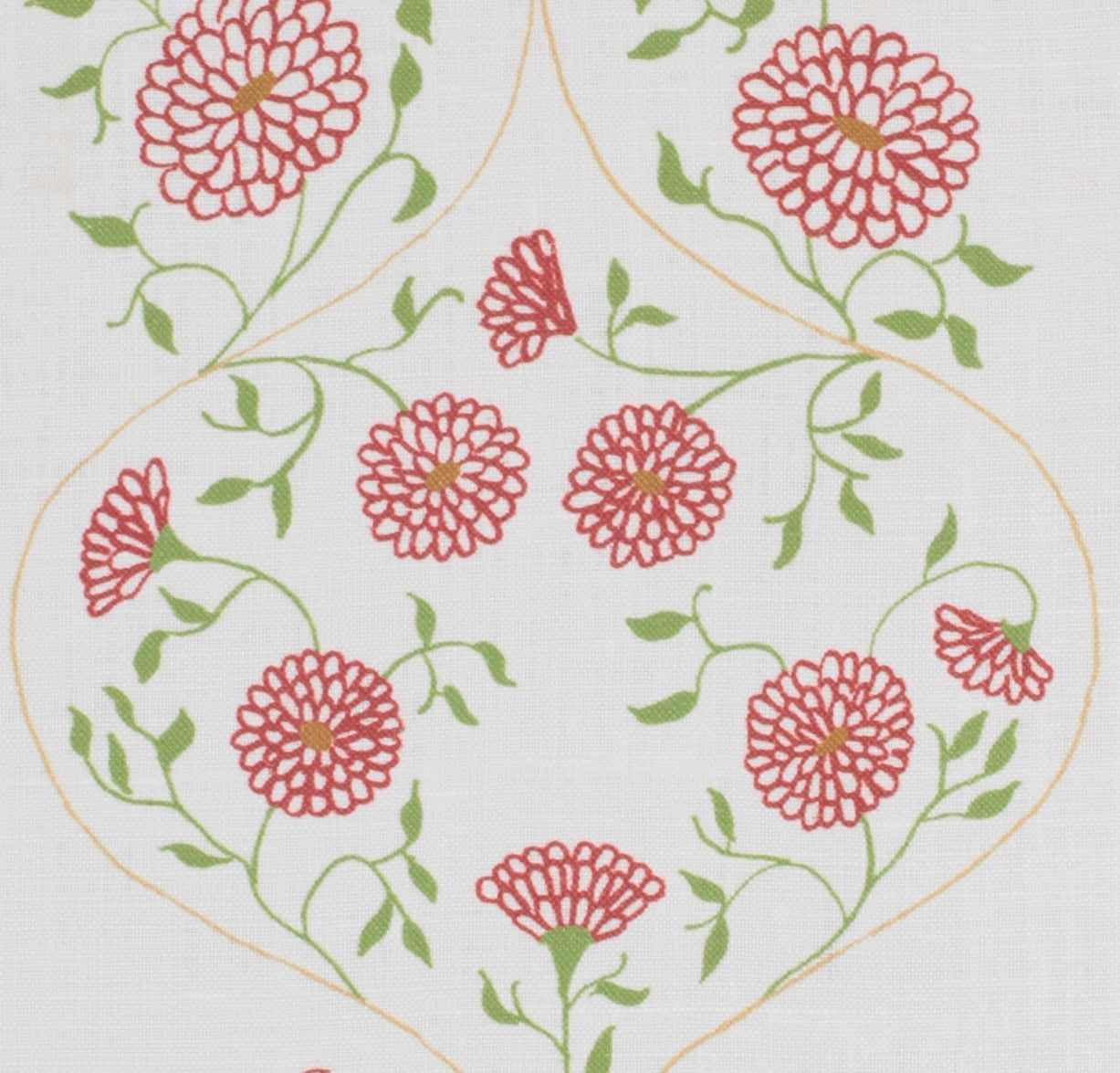 Detail of fabric in a floral lattice print in red, orange and green on a cream field.