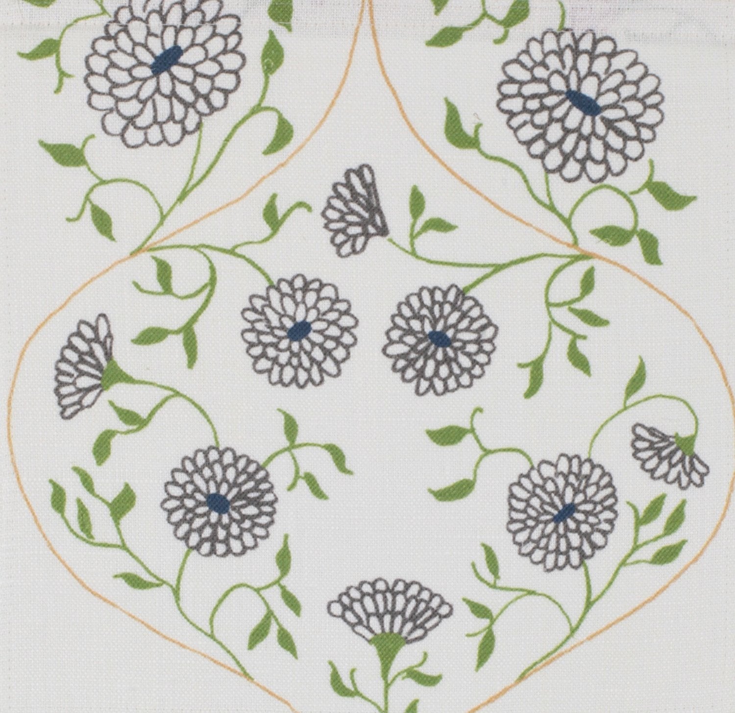 Detail of fabric in a floral lattice print in gray, orange and green on a cream field.