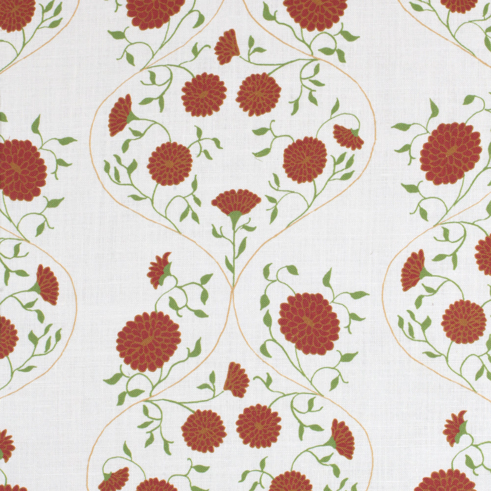 Detail of fabric in a floral lattice print in red, orange and green on a cream field.