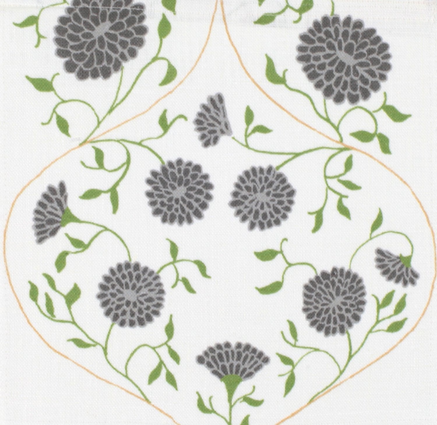 Detail of fabric in a floral lattice print in gray, charcoal and green on a white field.