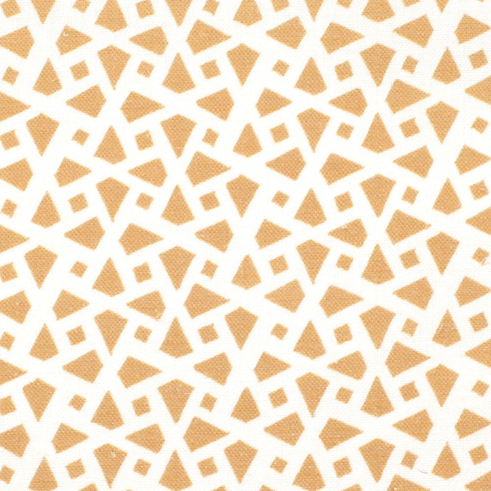 Detail of fabric in a geometric lattice print in yellow on a white field.