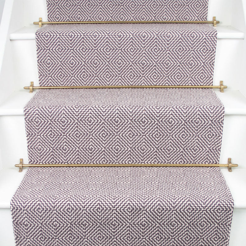 Diamond geometric flatweave runner in taupe grey on white staircase