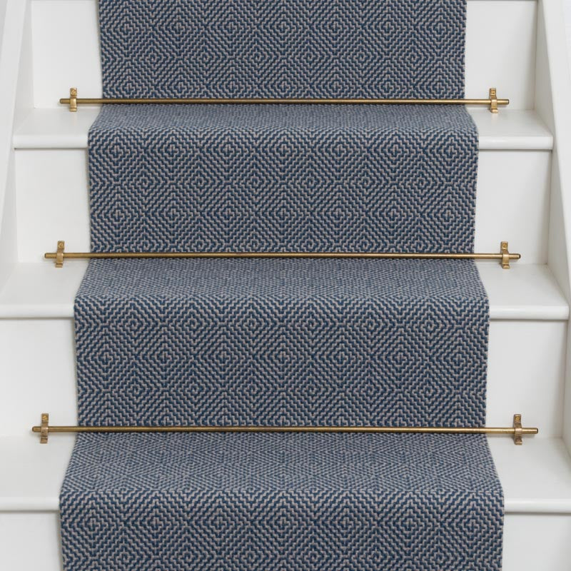 Diamond geometric flatweave runner in blue on white staircase