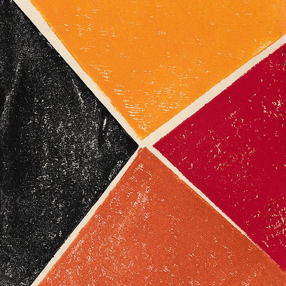 Detail of wallpaper in an abstract geometric print in shades of red, yellow, orange and black on a white field.