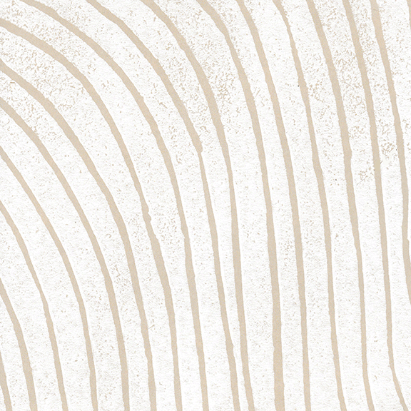 Detail of wallpaper in a curved linear print in cream on a mottled white field.