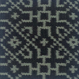 Close-up of a textured rug with a geometric pattern in turquoise on black