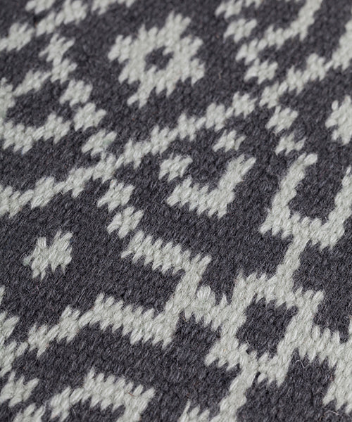 Close-up of a textured rug with a geometric pattern in turquoise on black