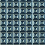 Geometric patterned rug with blue and gray triangles