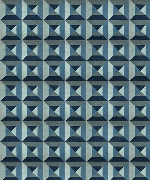 Geometric patterned rug with blue and gray triangles