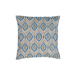 Square throw pillow with a dimensional floral medallion pattern embroidered in shades of blue and tan on a cream field.