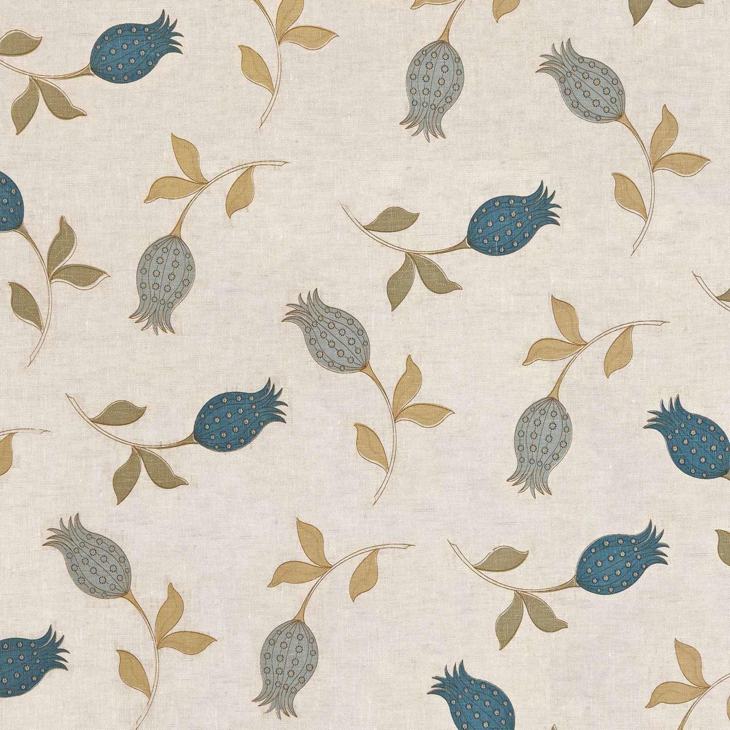 Detail of fabric with a small-scale tulip print in shades of blue and tan on a cream field.