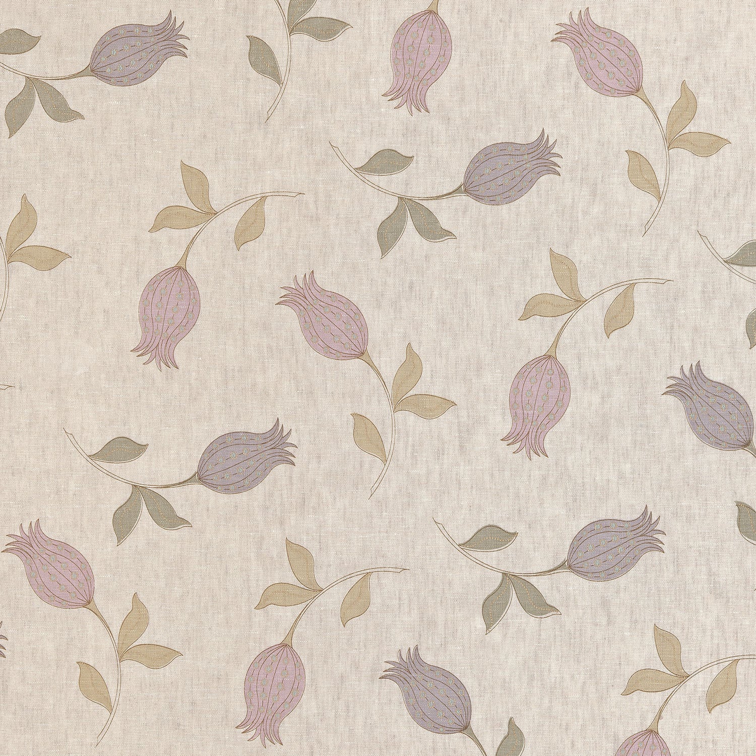 Detail of fabric with a small-scale tulip print in shades of purple and tan on a cream field.
