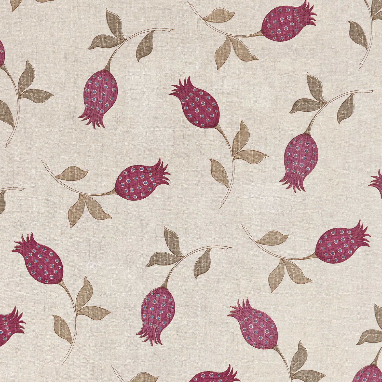 Detail of fabric with a small-scale tulip print in shades of magenta and tan on a cream field.
