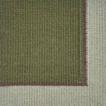 Close up of a flatweave rug in green with a brown and grey border. 