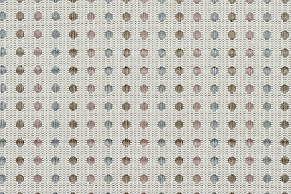 Patterned carpet with pink, brown and grey small dots on an ivroy background