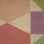 Geometric patterned rug with hexagonal and square shapes in various pastel colors.