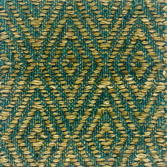 Woven rug swatch in natural fibers in diamond pattern pattern in teal and green