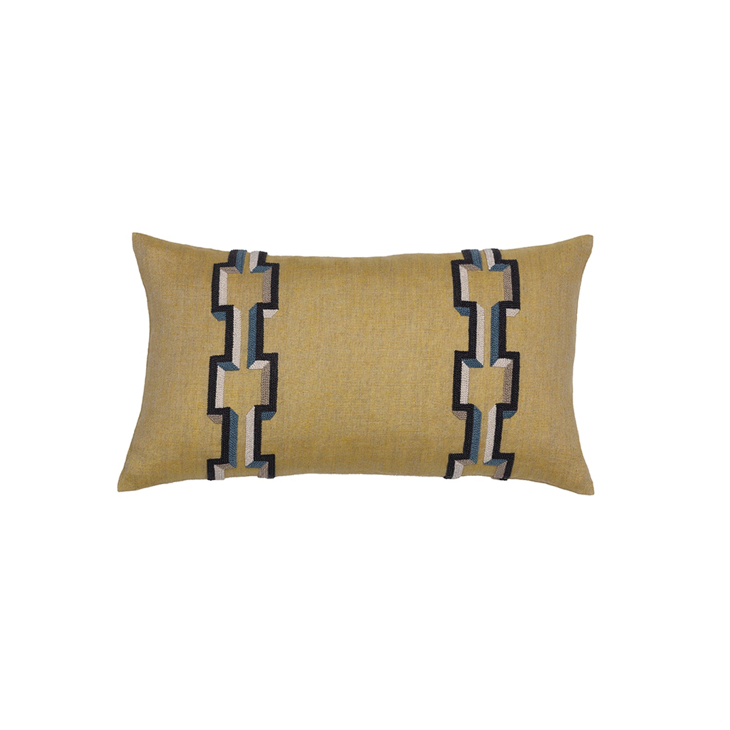 Rectangular throw pillow with an embroidered geometric stripe pattern in shades of black, blue and gray on a gold field.