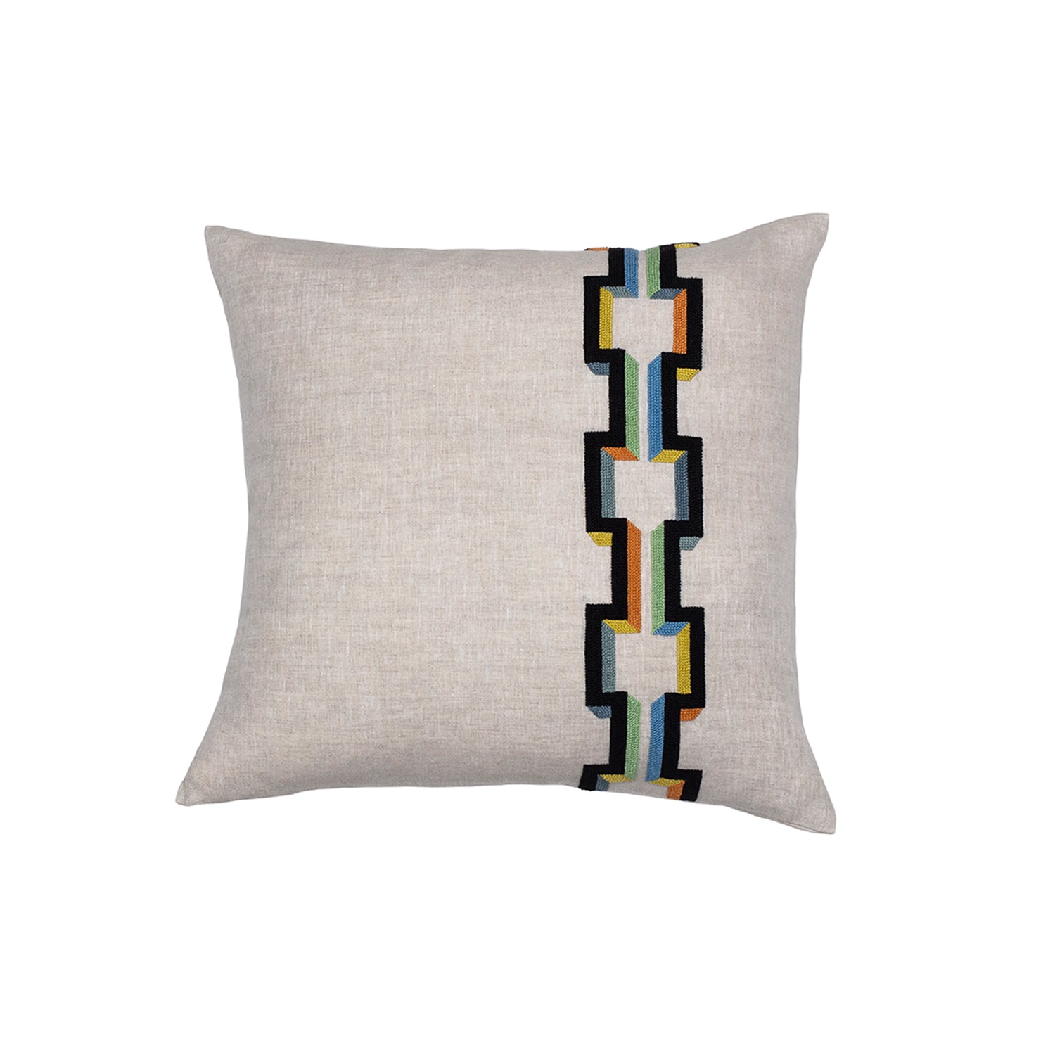 Square throw pillow with an off-center stripe of geometric embroidery in shades of black, orange, yellow and blue on a greige field.