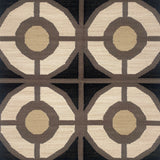 Patterned flatweave carpet with geometric design on a black background