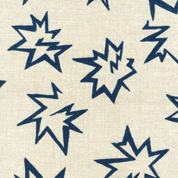 Fabric in a playful cartoon "Pow" print in navy on a cream field.