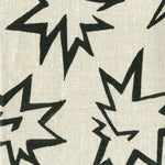 Fabric in a playful cartoon "Pow" print in black on a cream field.