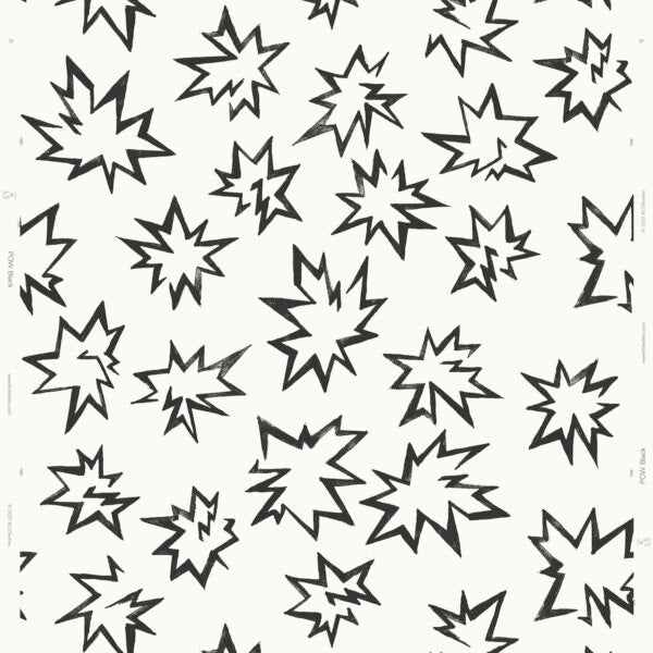 Detail of wallpaper in a playful cartoon "Pow" print in black on a white field.