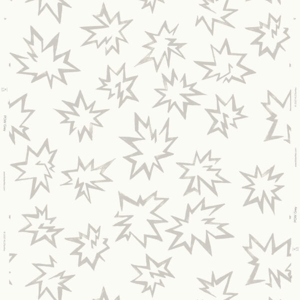 Detail of wallpaper in a playful cartoon "Pow" print in gray on a cream field.